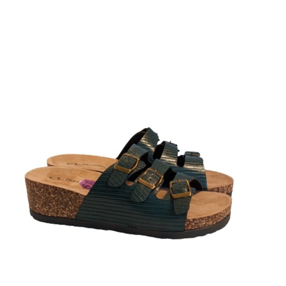 CL by Laundry Green 3 Strap Footbed Sandals SZ 6.5